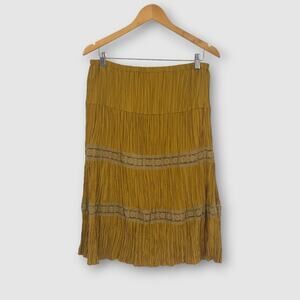 Vintage Selene Sport Mustard Crinkle Boho Skirt Lace Trim Women’s Size M